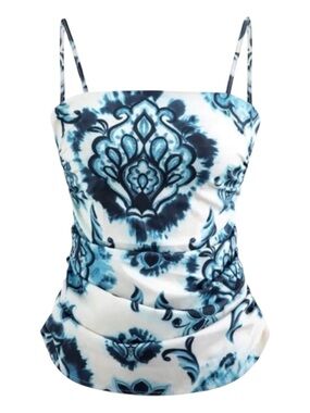 ZARA Paisley Floral Gathered Blue and White Spaghetti Strap Cami
